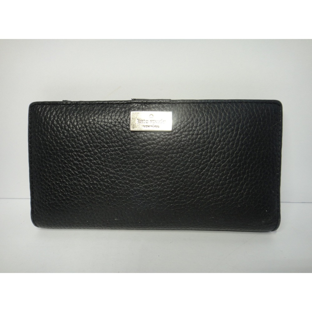 Kate Spade New York Black Pebbled Leather Bifold Slim Wallet Silver Logo Plaque